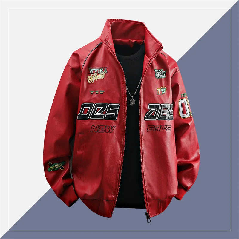 Motorcycle Leather Jackets Man Letter Embroidery Leather Coat Patchwork Fashion Streetwear American Motor Jacket Red White Black
