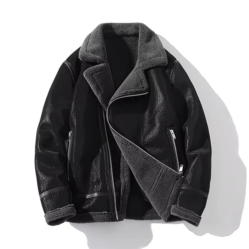 Male Trendy Large Size Lambswool Leather Jacket Casual Solid Color Warm Outwear Winter New Men Fleece-Lined Thicken Suede Coat