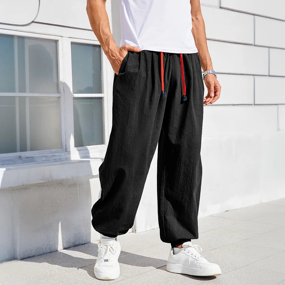 Men's Harem Pants Loose Fit Chinese Style Cotton Linen Solid Color Cozy Sweatpants Joggers High Quality Male Casual Trousers