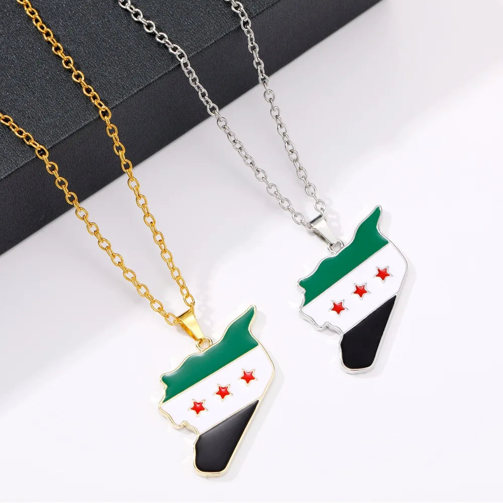 YILUOCD Stainless Steel Syria Map Flag Pendant Necklace for Women Drip Oil Craft Syrians Map Hiphop Jewelry Gift