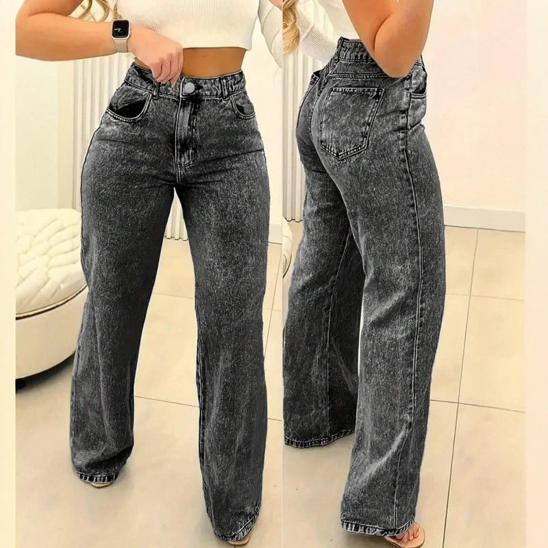 plus Size Women's Casual Straight Leg Jeans Loose Fit Slimming Spring Autumn High Waist Zipper Closure Comfortable Cotton Blend