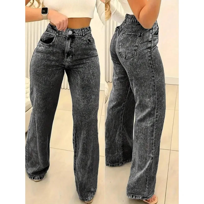 plus Size Women's Casual Straight Leg Jeans Loose Fit Slimming Spring Autumn High Waist Zipper Closure Comfortable Cotton Blend