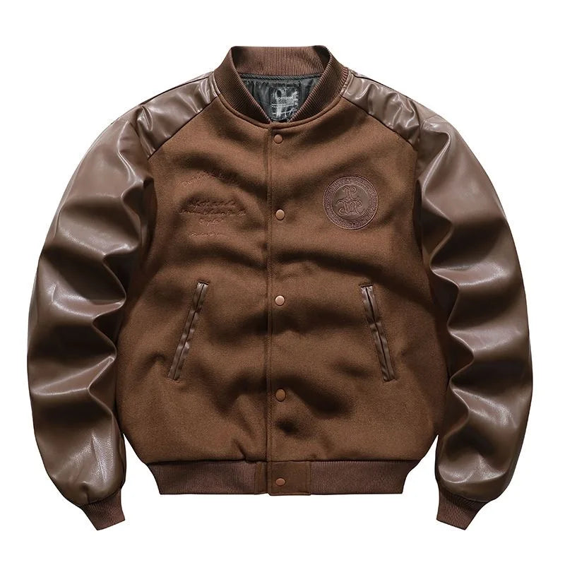 ARENS Men's Vintage Leather Woolen Patchwork Er Jacket Techwear Splicing Embroidery PU Pilot Coat Loose Cargo Style