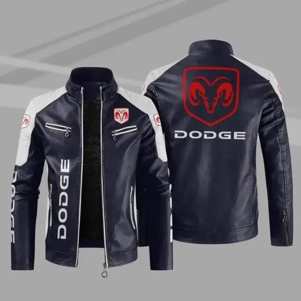 European Size Plus Fleece Dodge Motorcycle Car Logo Autumn And Winter Fashionable Windproof High-end Motorcycle Leather Jacket