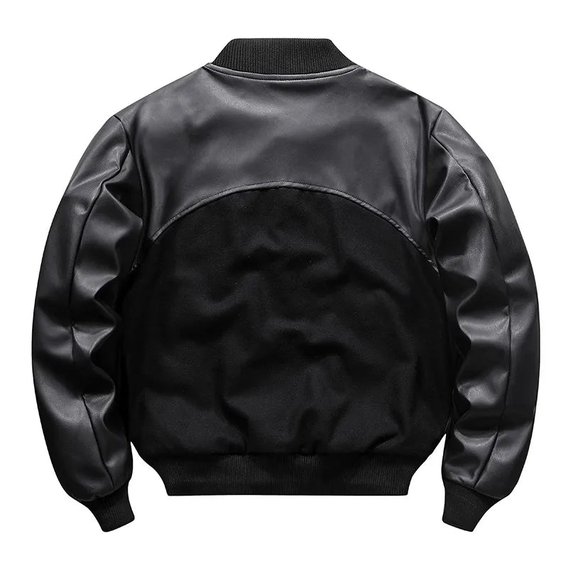 ARENS Men's Vintage Leather Woolen Patchwork Er Jacket Techwear Splicing Embroidery PU Pilot Coat Loose Cargo Style