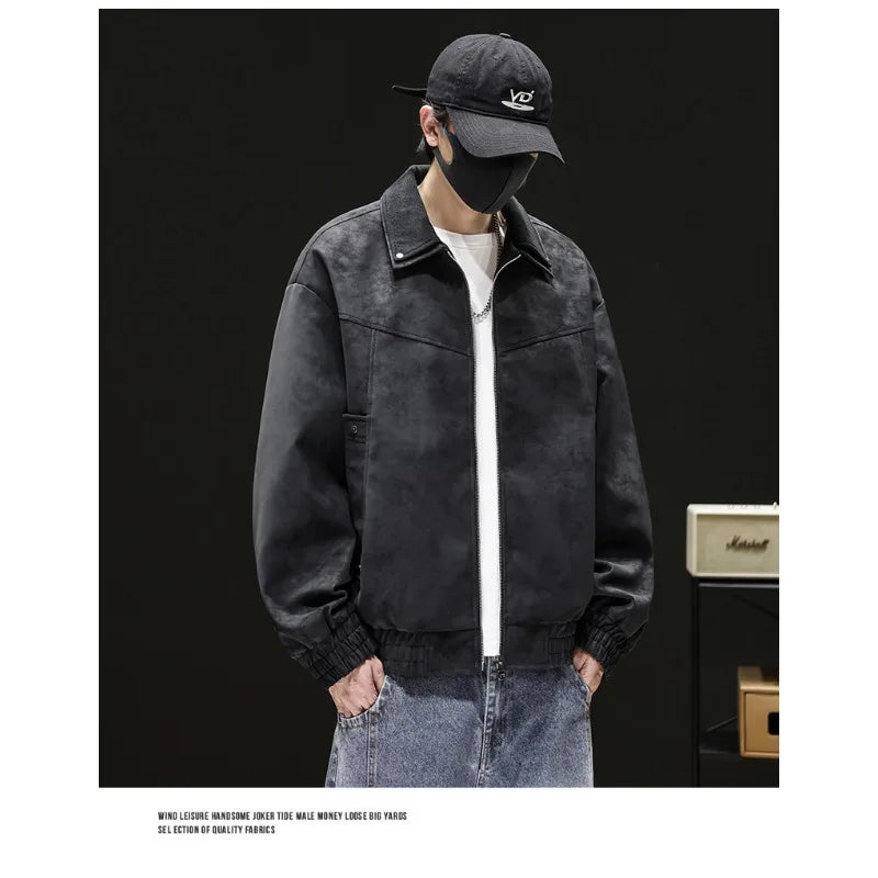 Men's Tie Dye Faux Leather Jacket Lapel Collar Loose Fit Casual Autumn Motorcycle Coat Black